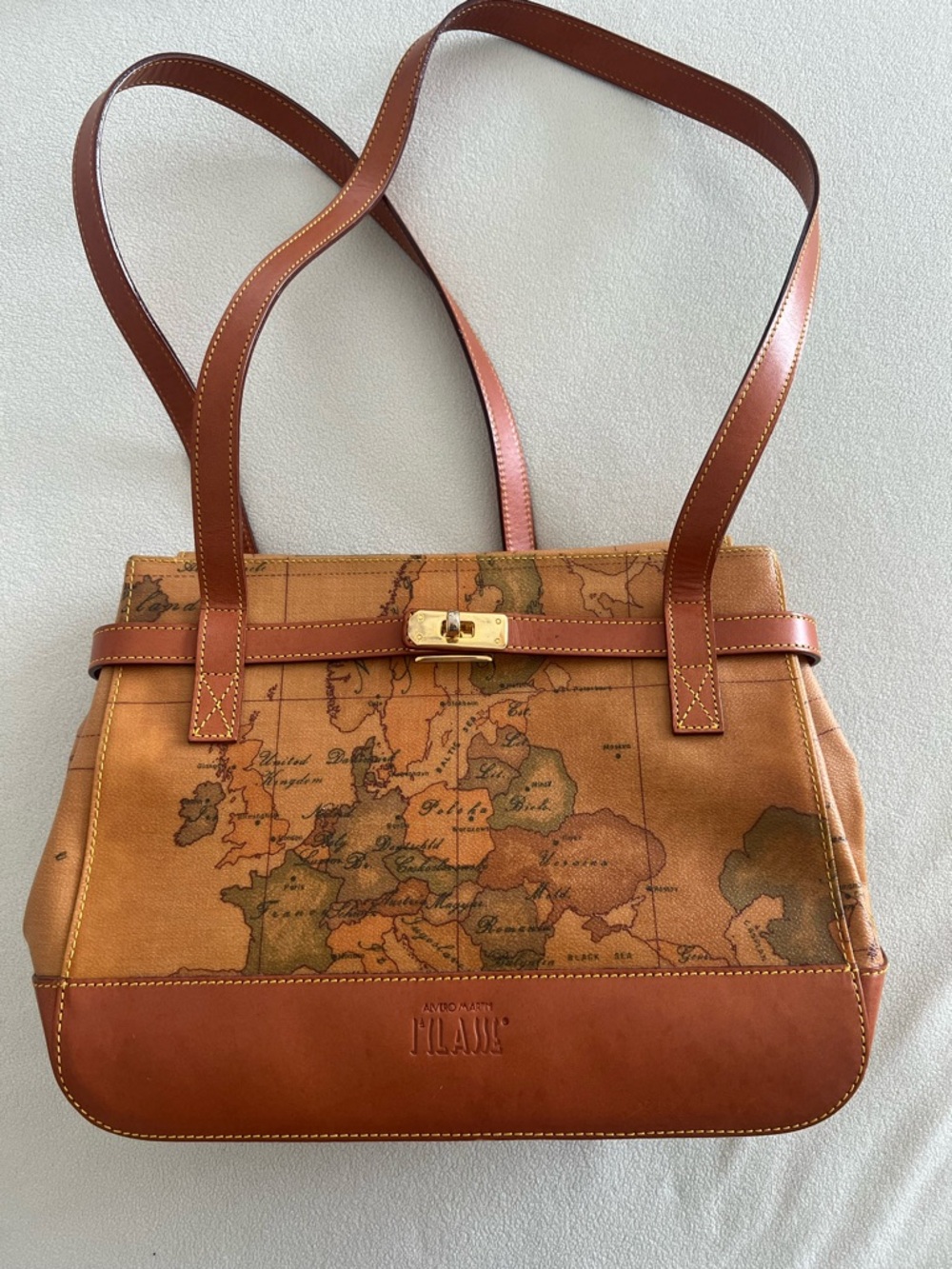 Alviero Martini Tan and Brown Map-Print Shoulder Bag